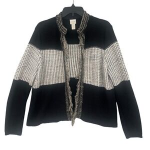 Chico's Boho Coastal Fringe Cardigan Size 2 Black Cream Textured Knit Colorblock